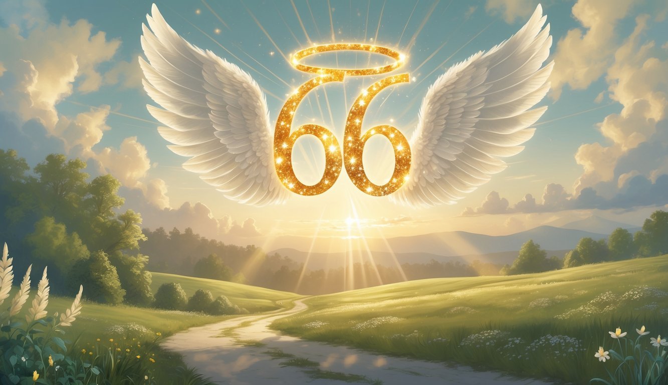 A glowing number 6666 made of golden light floats above a peaceful path winding through green plants and flowers under a sky with soft sunlight and angelic wings surrounding the number.