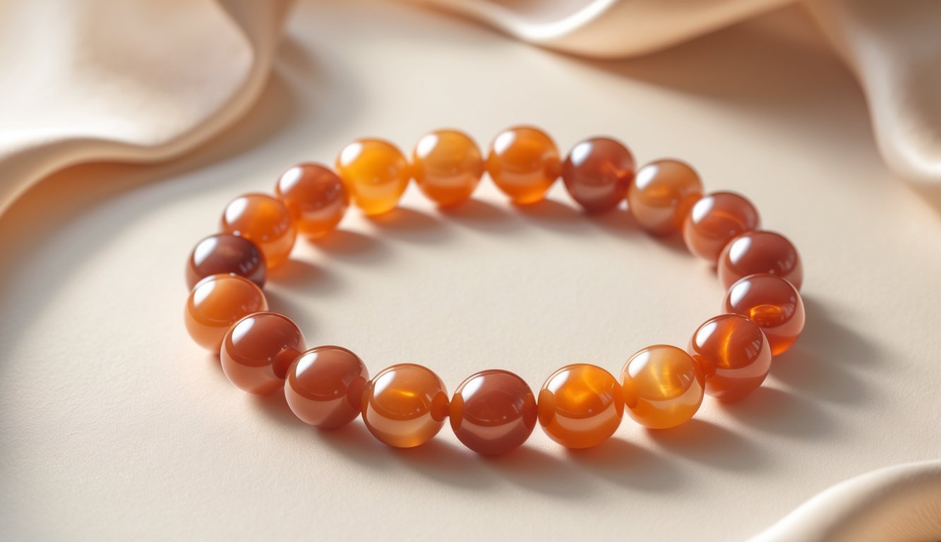 A close-up view of a circular bracelet made of smooth, polished orange-red carnelian beads on a plain background.