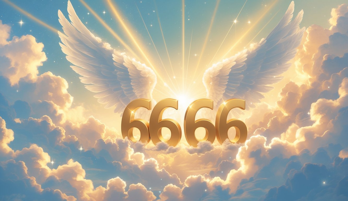 Glowing golden angel number 6666 floating among soft clouds with angel wings and warm light in the sky.