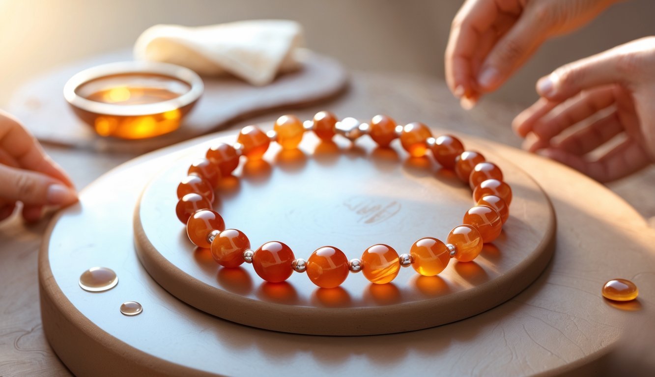 A carnelian bracelet resting on a wooden surface with hands gently holding it and cleaning items nearby.