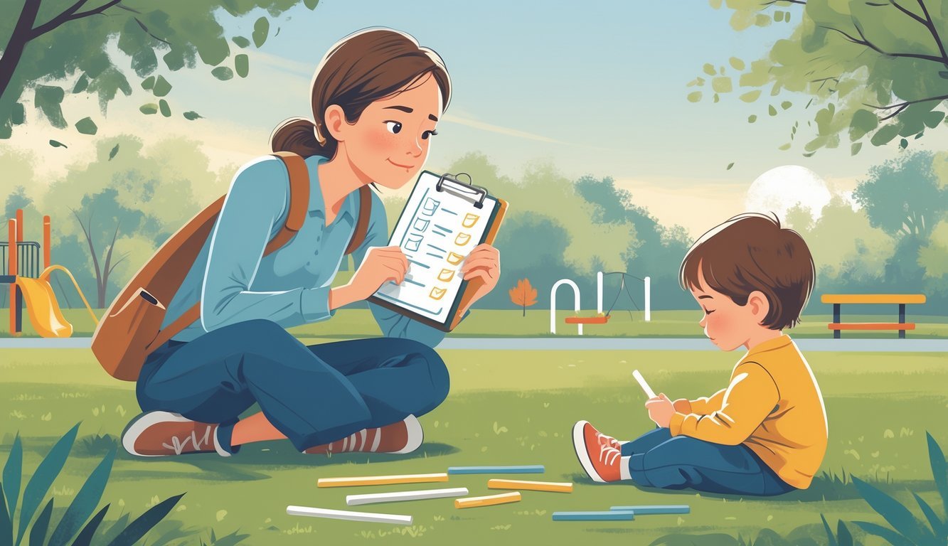 A parent attentively watching their child playing in a park, holding a checklist while the child plays nearby.