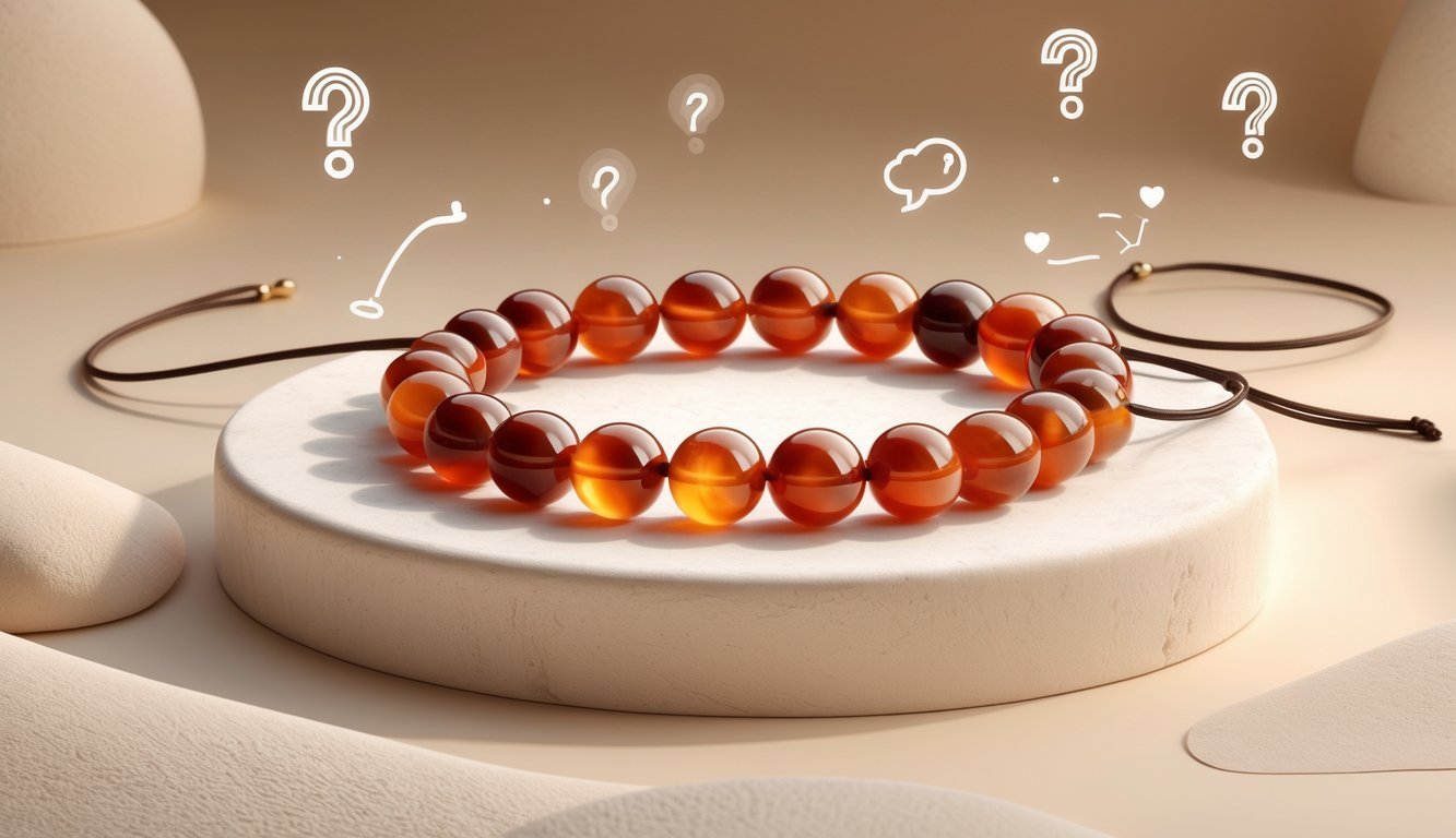 A carnelian bead bracelet placed on a soft surface with subtle question mark icons and lightbulb graphics around it.