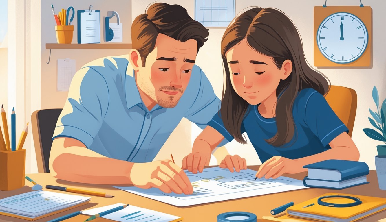 A parent closely watches and guides a child working on a school project at a desk, showing attentive but anxious care.