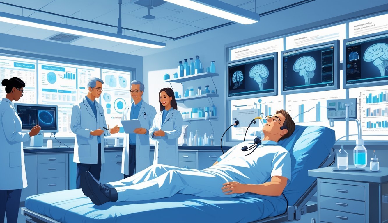 A patient receiving laughing gas treatment in a medical setting with doctors and scientists observing and discussing results.