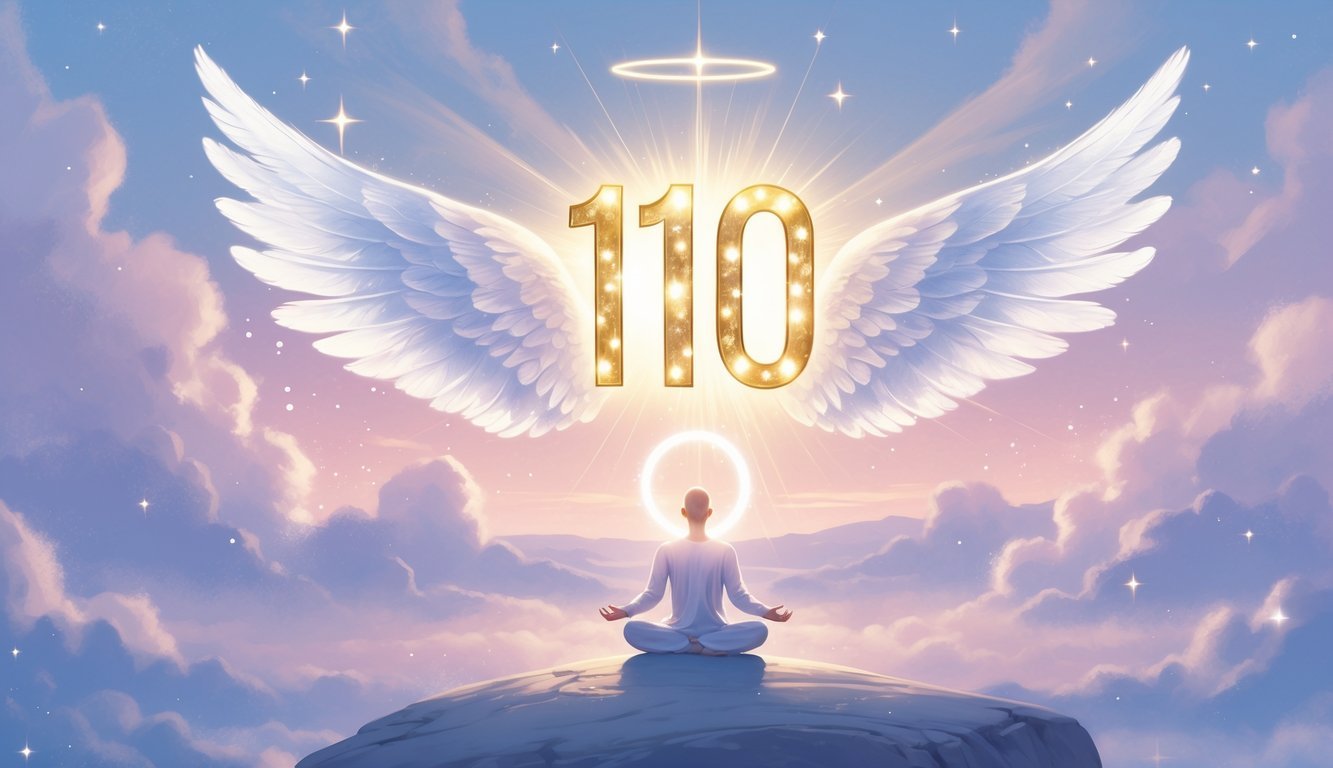 A glowing number 110 surrounded by angel wings floating above a meditating figure in a peaceful dawn landscape with soft pastel sky and beams of light.
