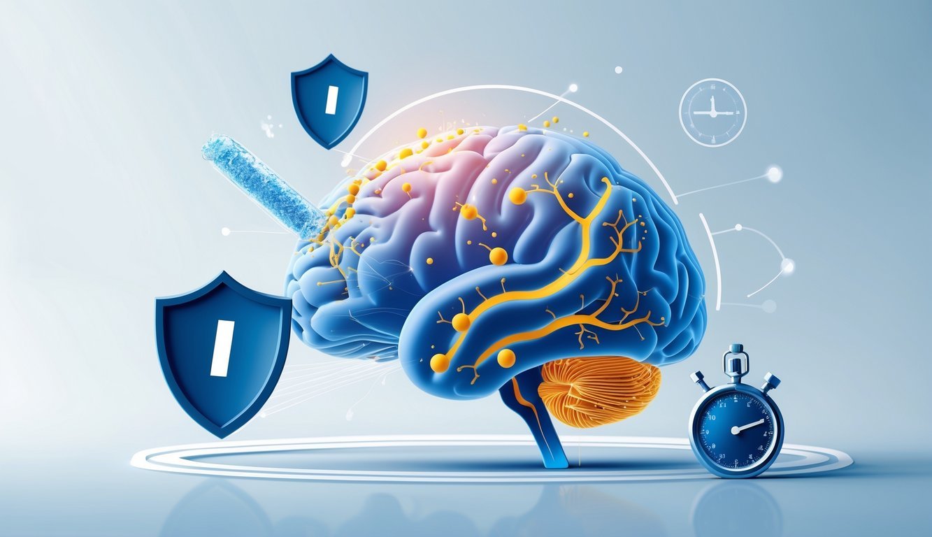 Illustration showing a human brain with laughing gas molecules activating neural pathways, alongside symbols of safety and fast treatment.