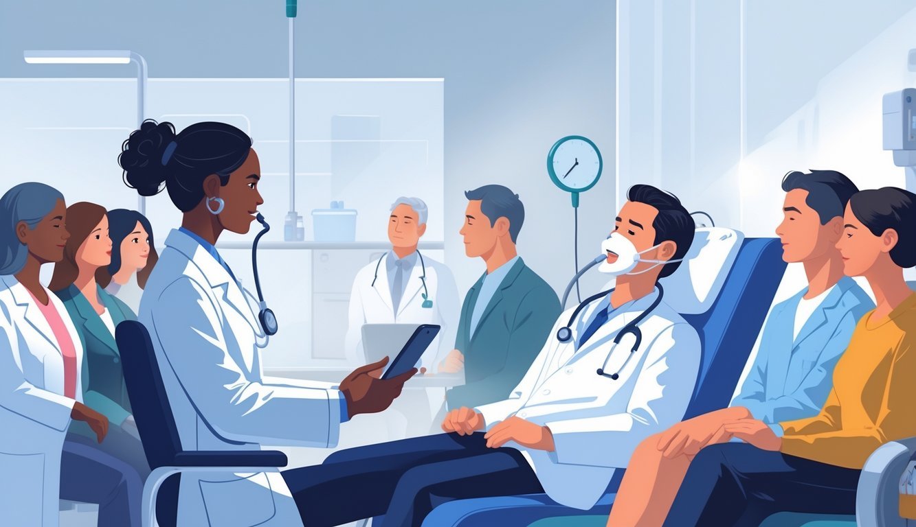 A patient receiving laughing gas treatment for depression from a healthcare professional in a calm clinical setting.