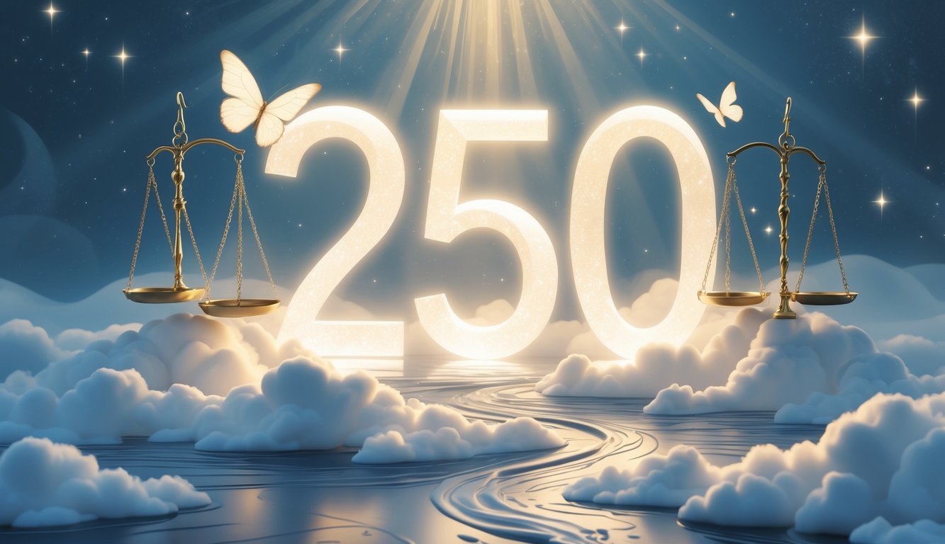 A glowing celestial scene with three large luminous numbers made of light surrounded by balanced scales, a butterfly, and a flowing river under soft rays of light.