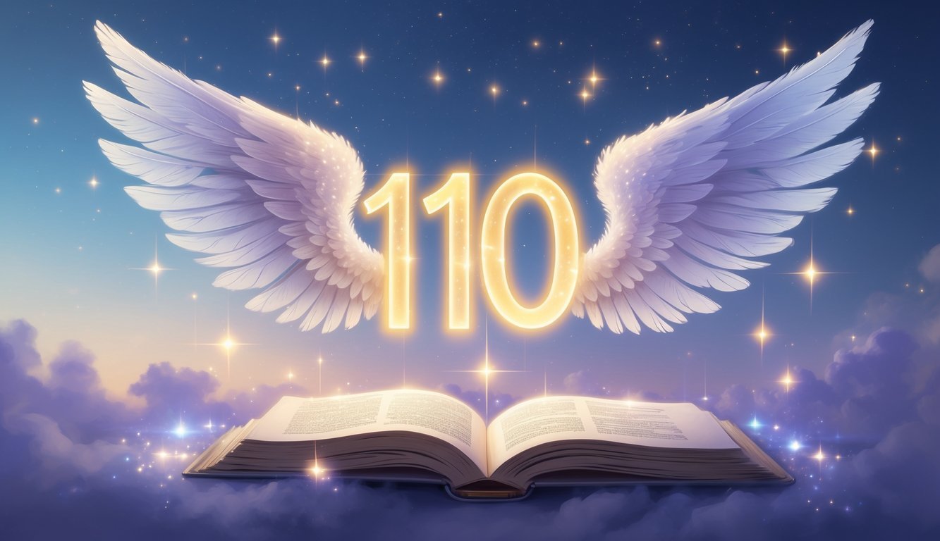 A glowing number 110 floating above an open book with angel wings and soft light beams in a twilight sky.