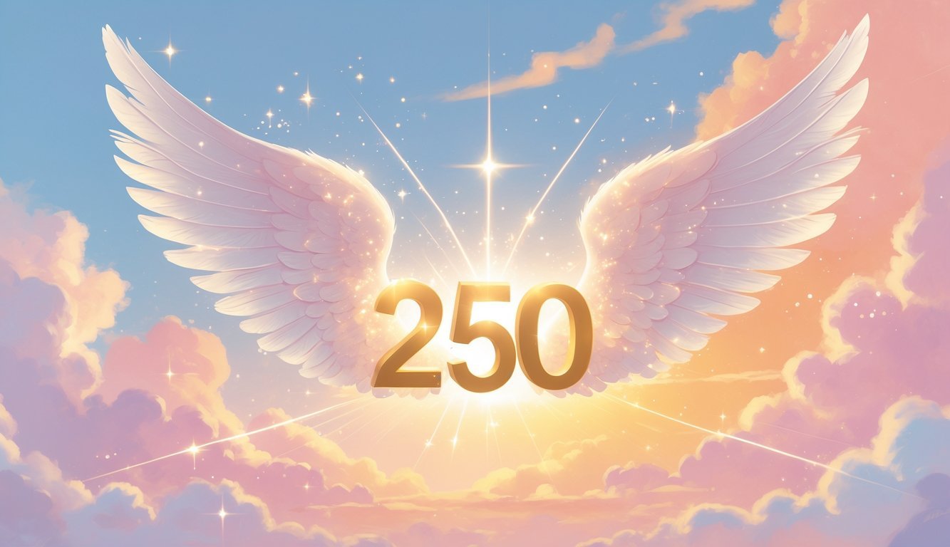 A glowing number 250 surrounded by angel wings and soft light beams against a pastel dawn sky with clouds.