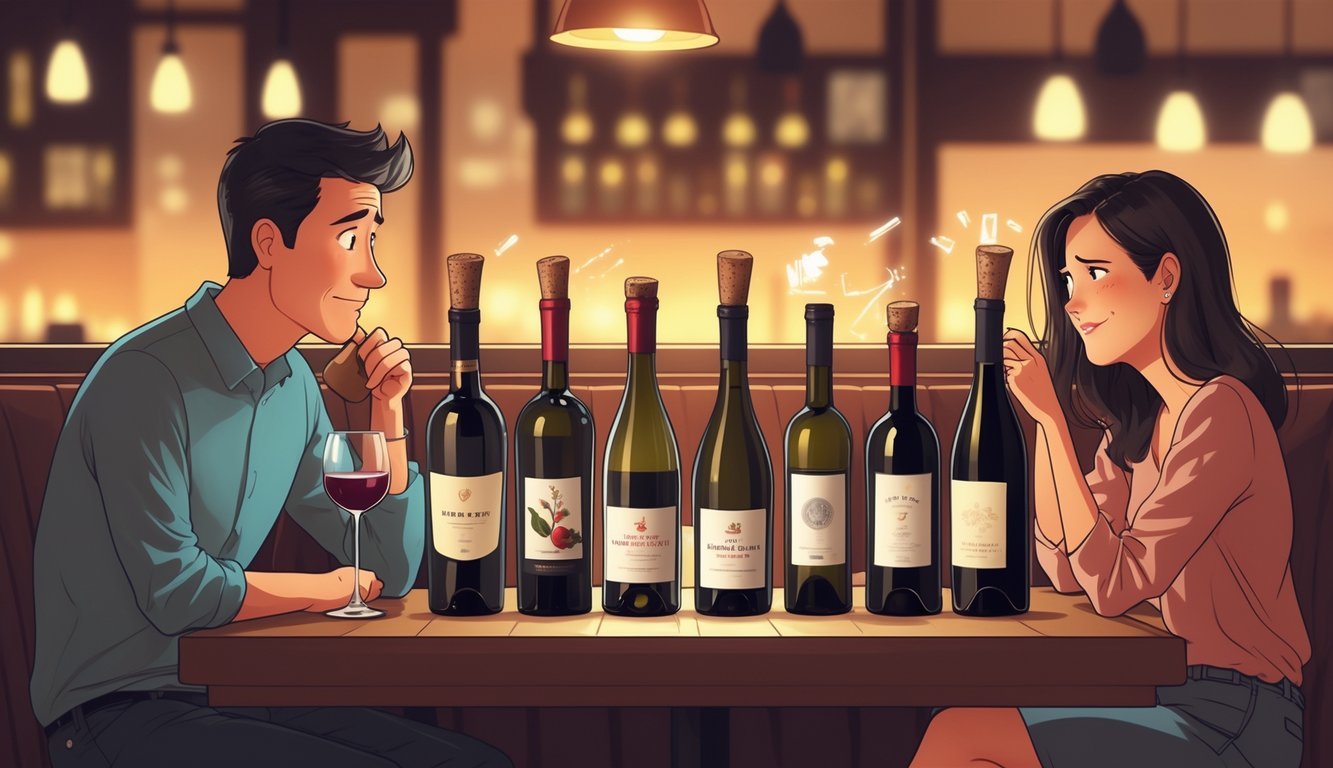A couple sitting awkwardly at a restaurant table with eight different wine bottles between them, looking uncomfortable during a first date.