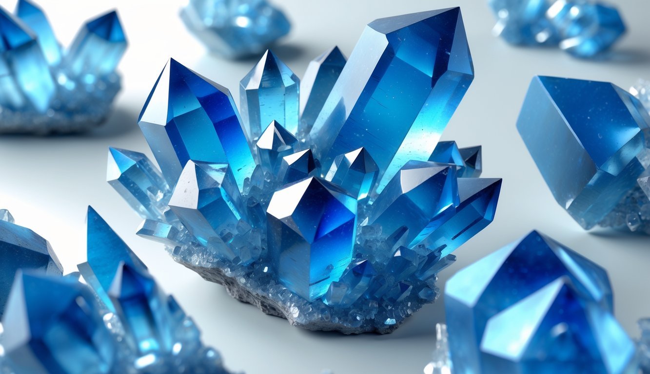 A cluster of blue apatite crystals with sharp edges and varying shades of blue on a neutral background.