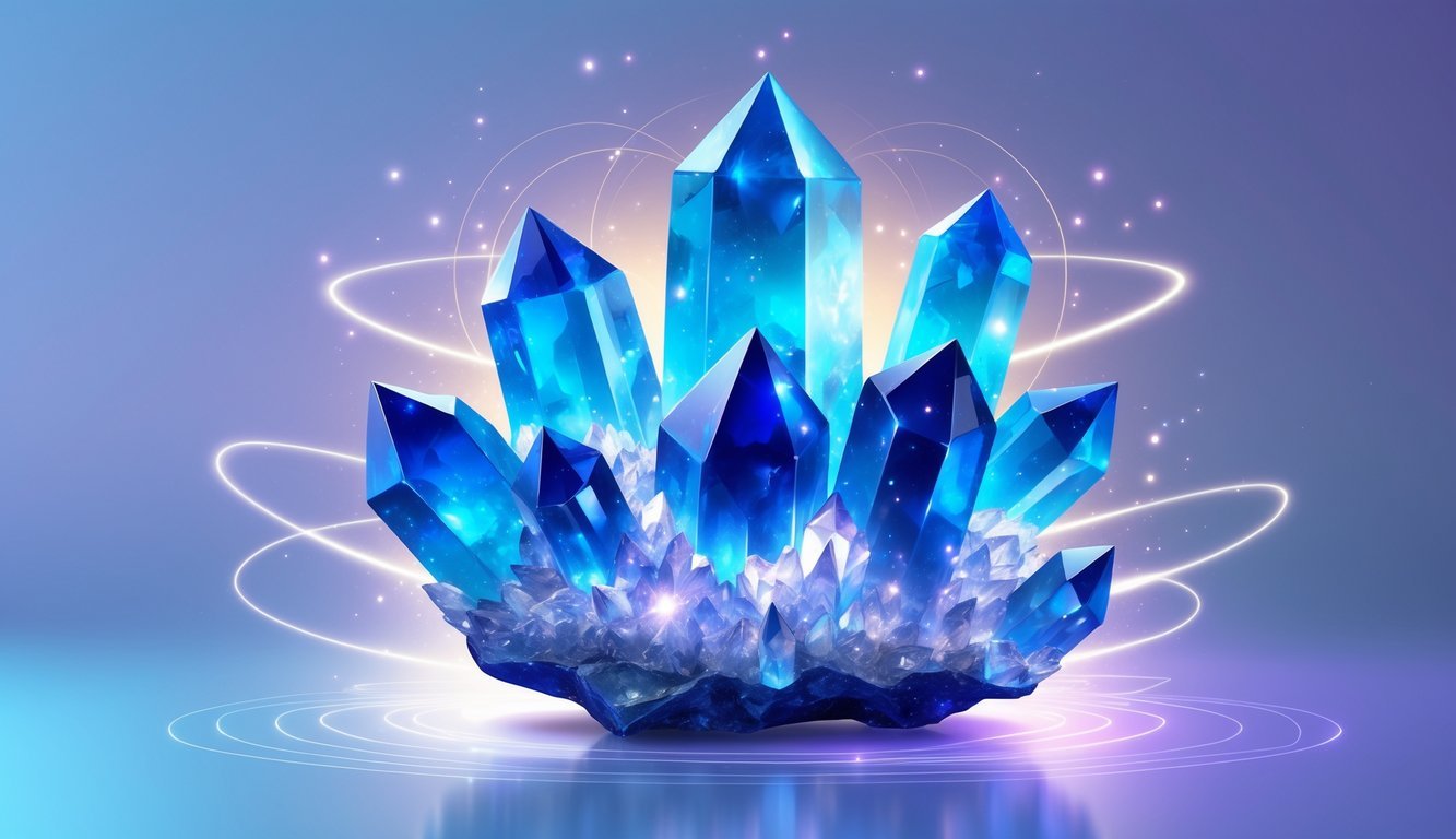 A blue apatite crystal cluster glowing with soft light and surrounded by gentle energy waves and sparkles on a calm blue and purple background.