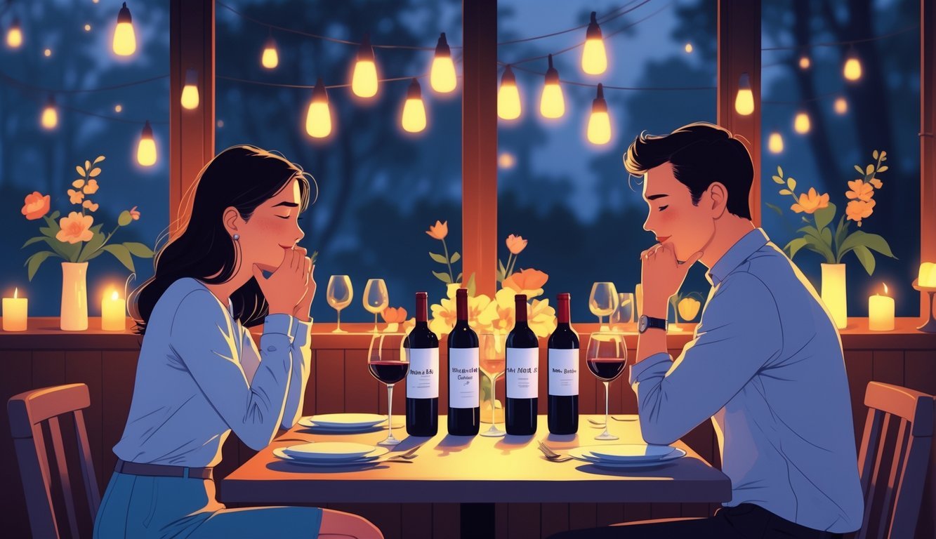A couple on a first date at a restaurant looking awkward and disappointed while sitting at a table with several bottles of wine and glasses.