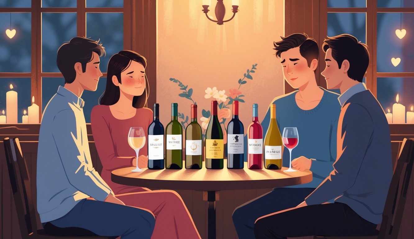 Two people sitting at a small restaurant table on a first date, looking awkward with eight different wine bottles on the table between them.