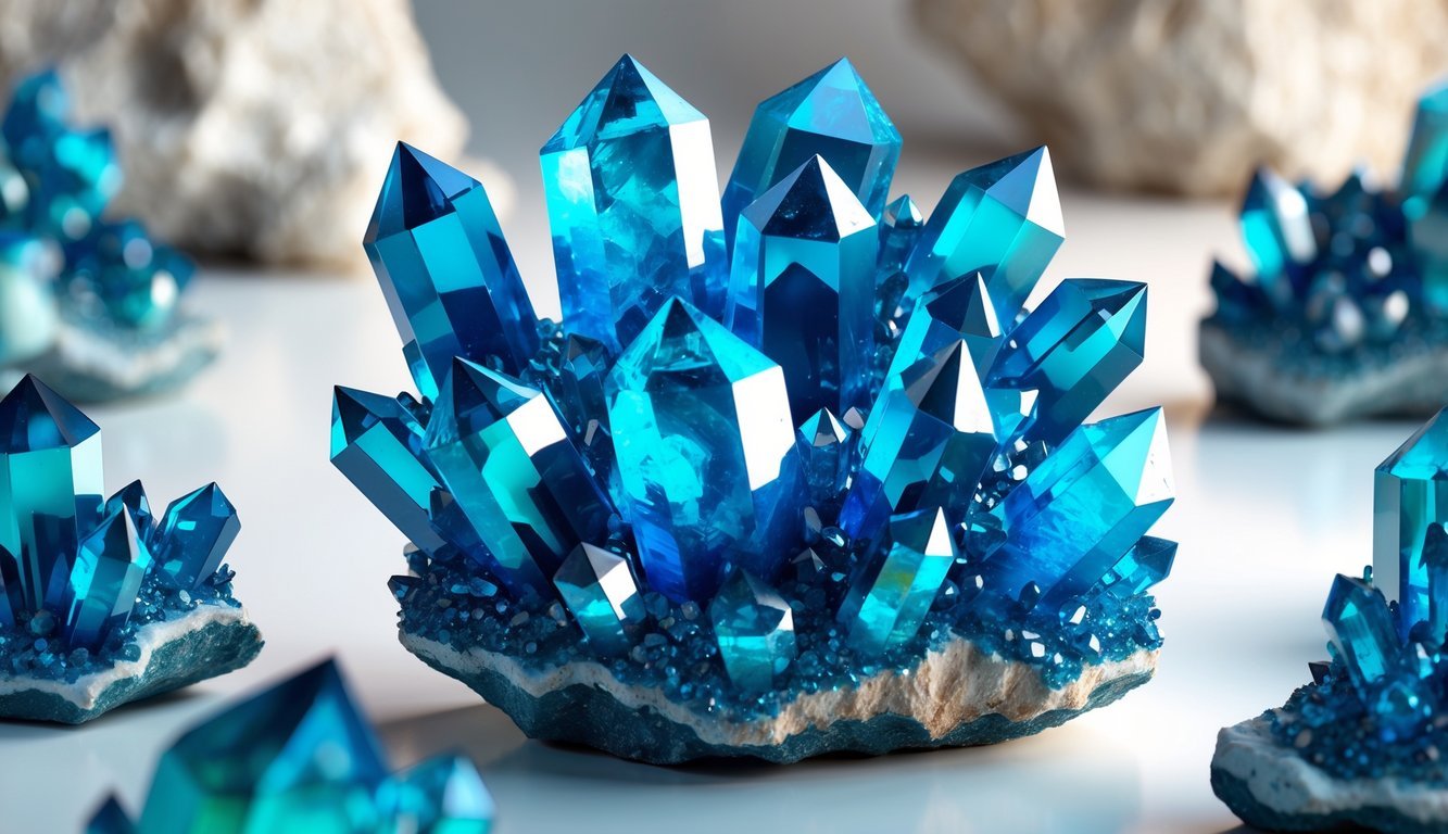 A detailed illustration of a cluster of blue apatite crystals with a clean background.