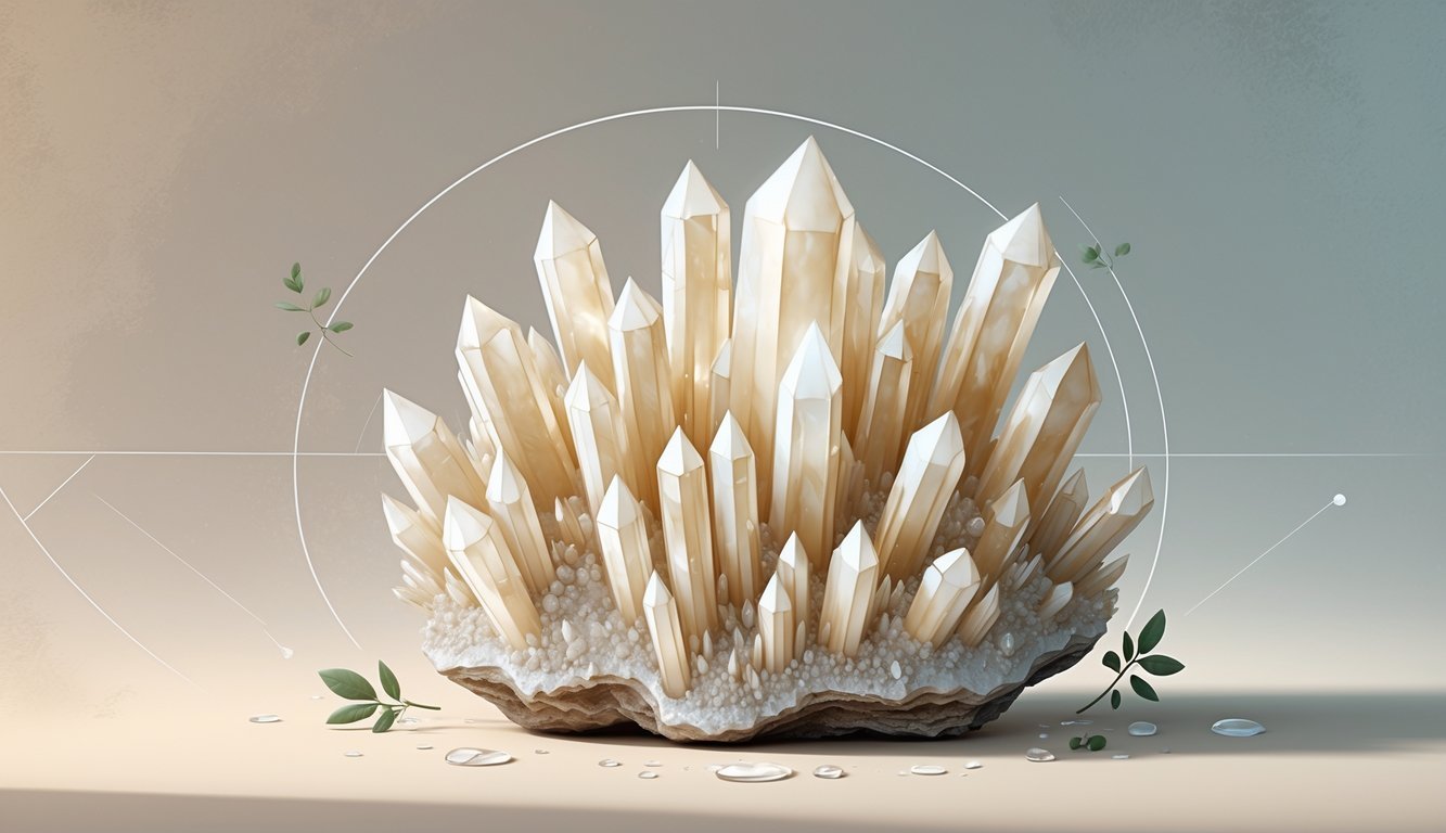 An illustration of a cluster of aragonite crystals surrounded by subtle energy waves and natural elements on a calm, earthy background.