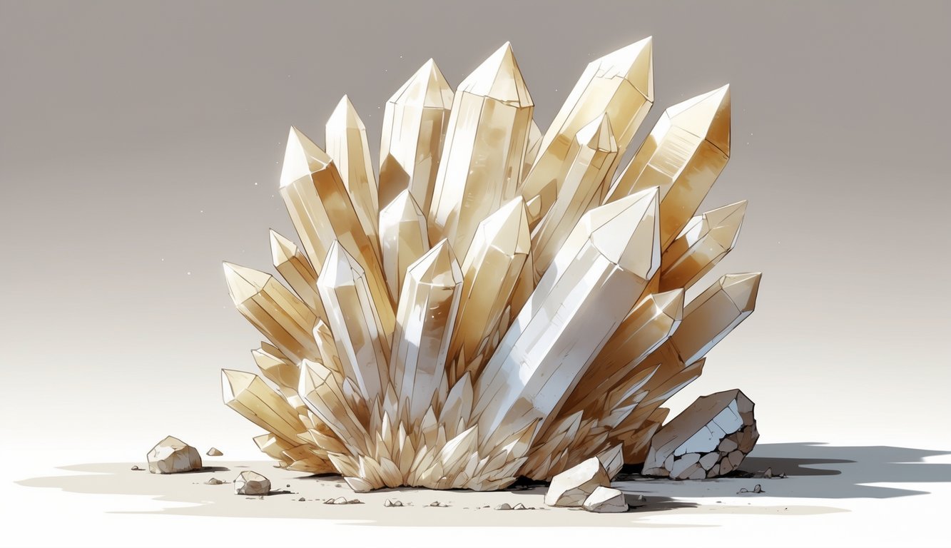 A detailed illustration of a cluster of aragonite crystals with sharp, elongated shapes and natural white and beige colors on a plain background.