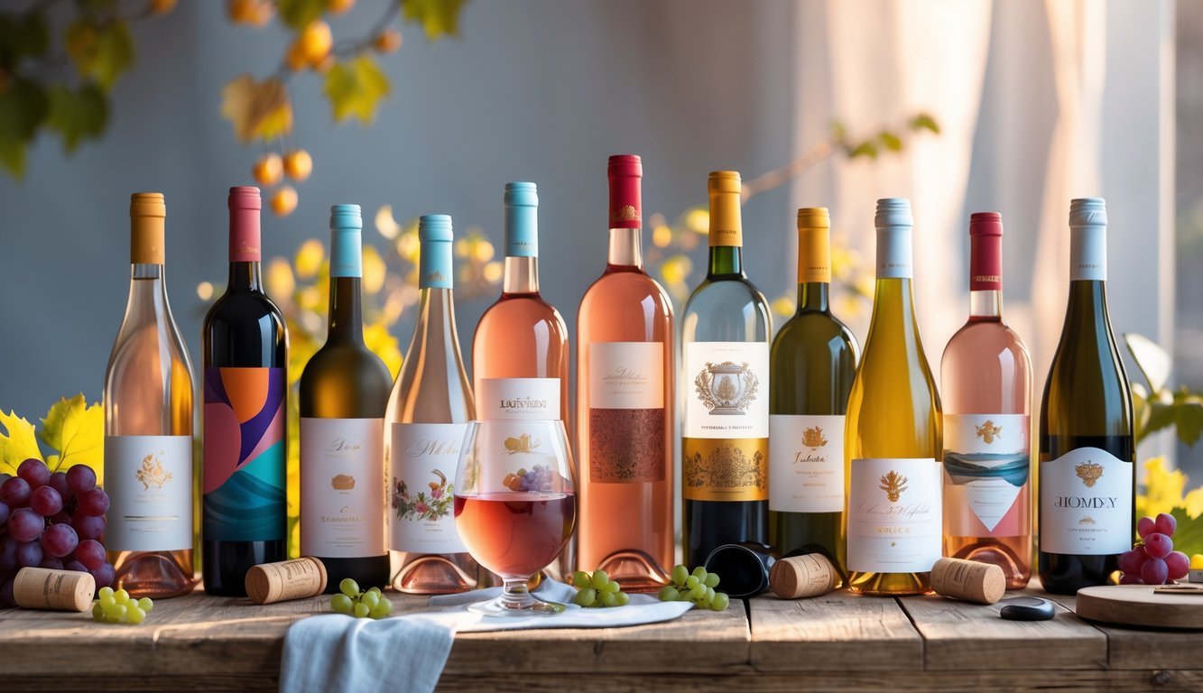 A table displaying ten different wine bottles and glasses with grapes and wine accessories arranged around them.