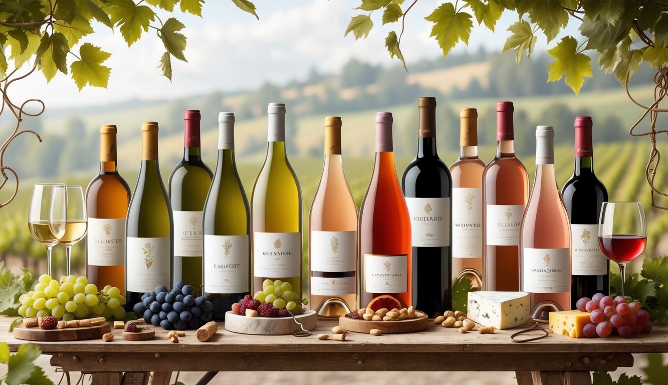 A table with ten different wine bottles surrounded by grapes, cheese, nuts, fruits, wine glasses, and decorative wine accessories, set against a blurred vineyard background.