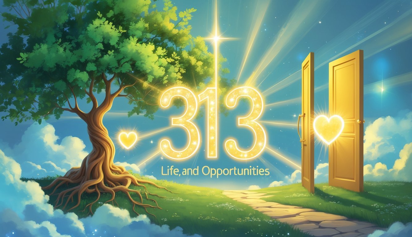 A glowing number 313 surrounded by symbols of life, love, and new opportunities, including a flourishing tree, intertwined hearts, and an open golden door leading to a bright horizon.
