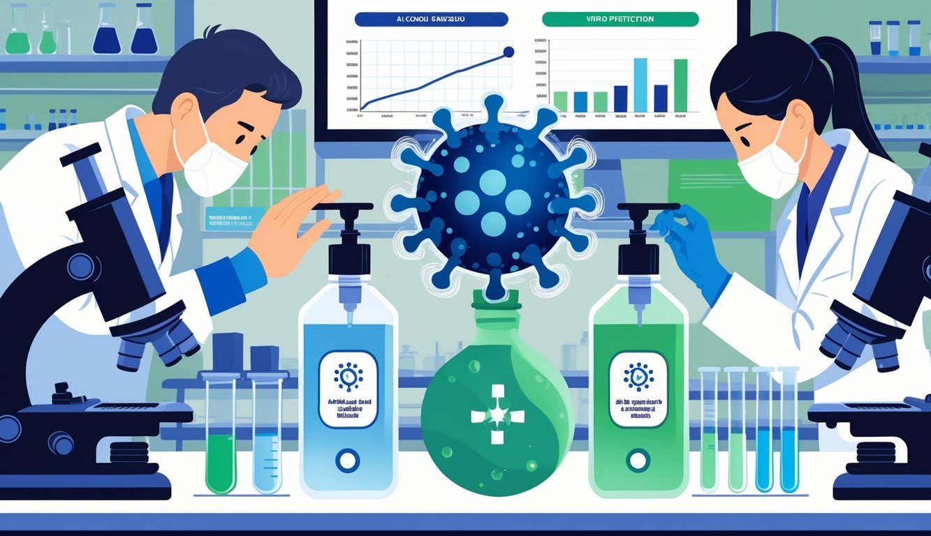 Two scientists in a laboratory examining alcohol-free hand sanitizer stopping the coronavirus, with virus particles being blocked and laboratory equipment in the background.