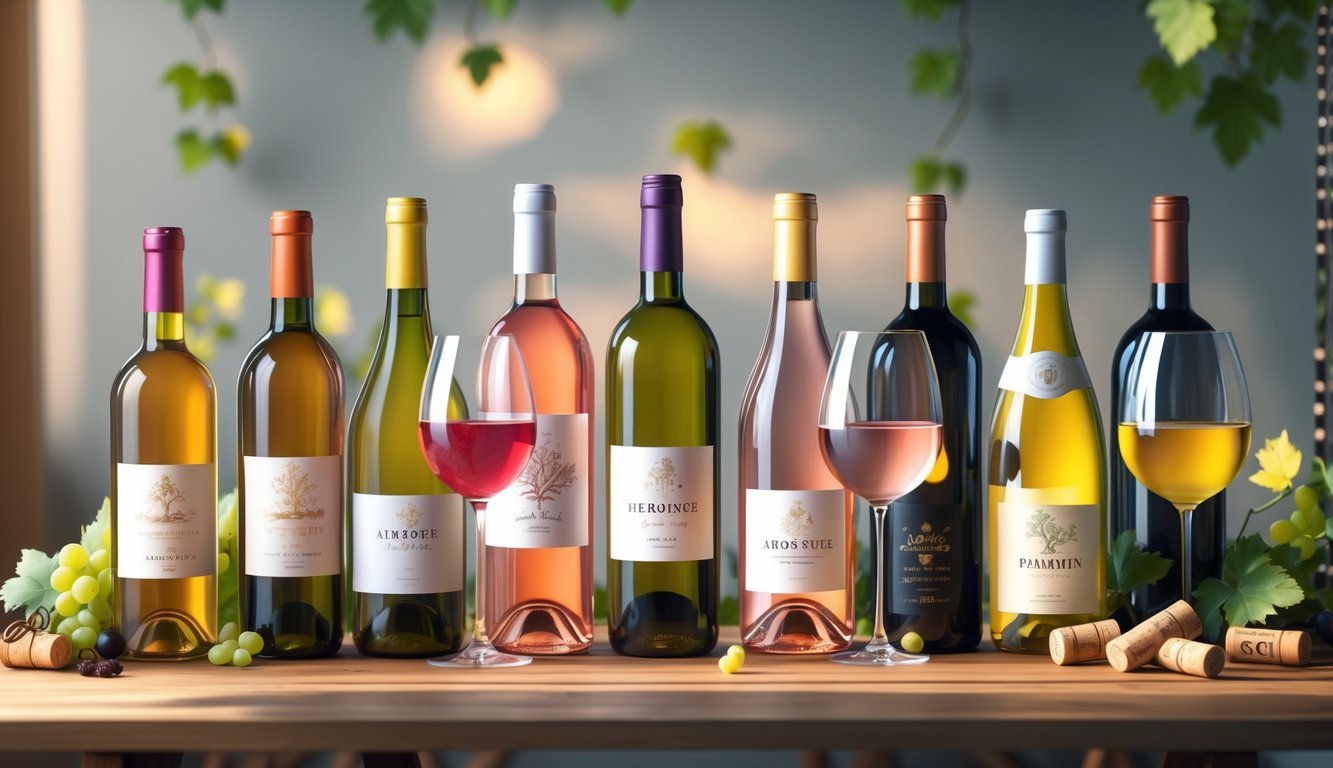 An arrangement of ten different wine bottles and glasses on a wooden table with grapevines and wine accessories around them.