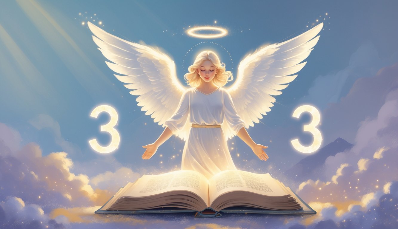 An angel with white wings hovering above an open glowing book, surrounded by soft glowing numbers 3, 1, and 3 in a calm, pastel-colored sky.