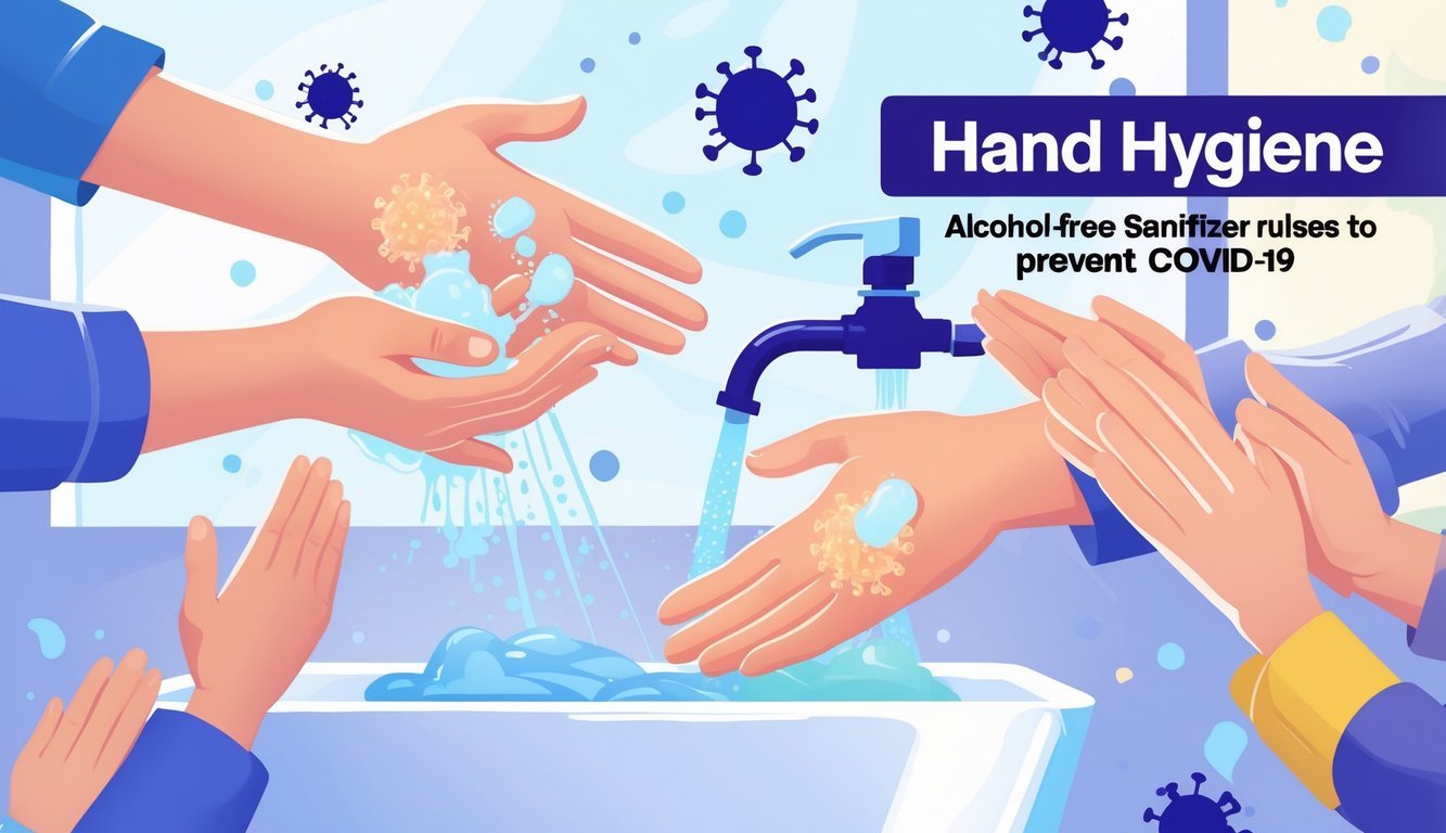 People washing hands with soap and using alcohol-free hand sanitizer, with visual elements showing virus particles being neutralized.