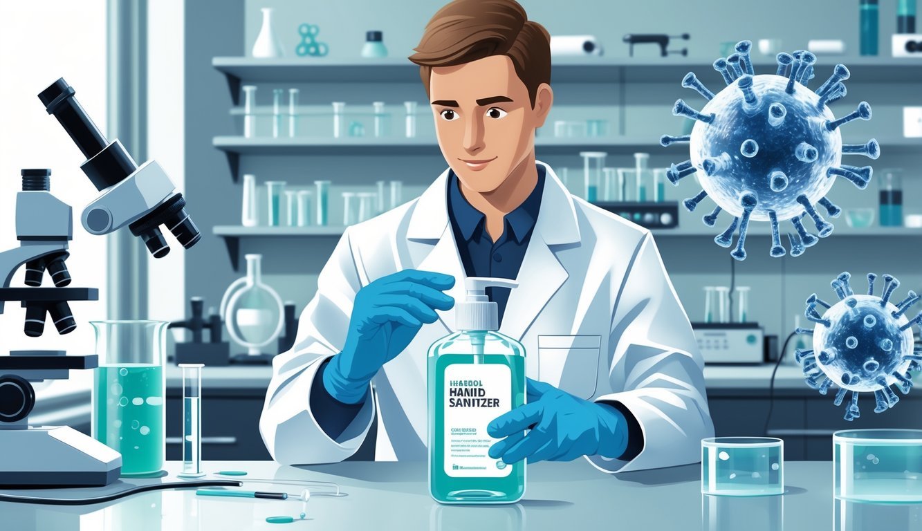 A scientist in a lab coat holding a bottle of hand sanitizer with virus models in the background.