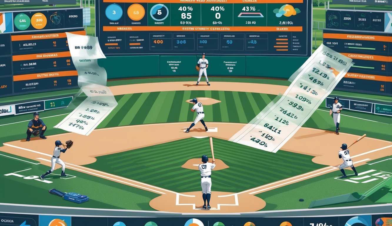 A baseball field with players in action surrounded by transparent charts and graphs showing baseball statistics.