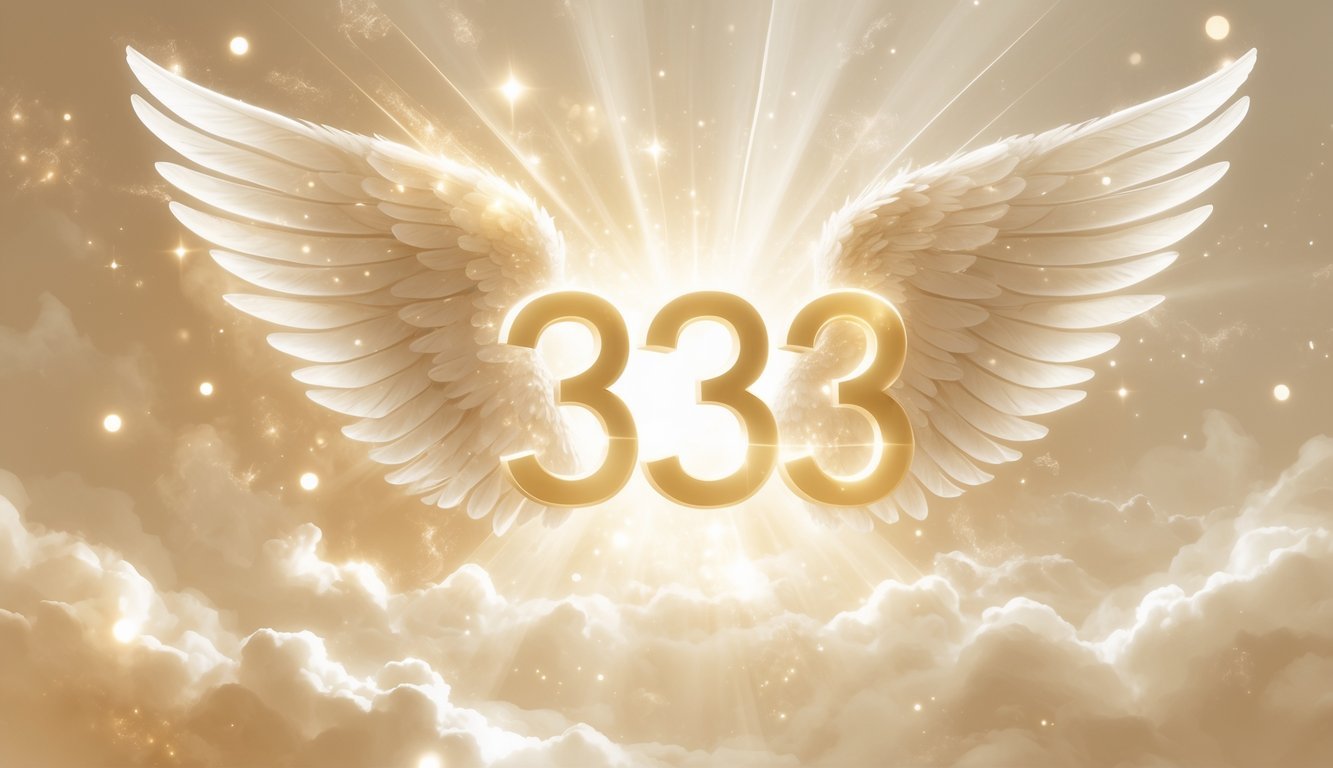 Glowing number 3333 surrounded by gentle angel wings and soft clouds with light beams and sparkles in the background.