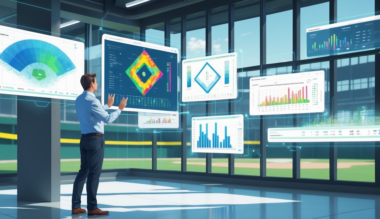 An analyst interacts with floating digital screens showing detailed baseball performance data and charts in a modern workspace with a baseball stadium visible outside.