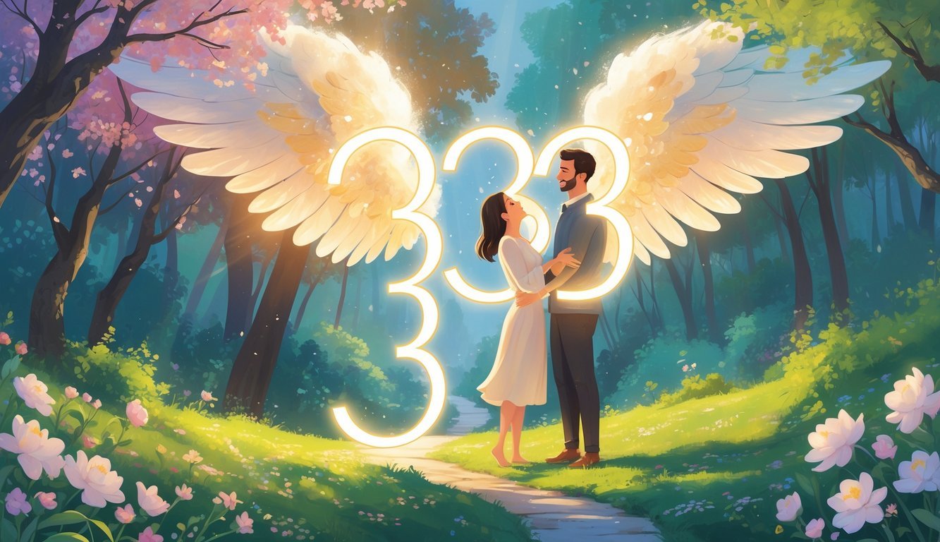 A couple sharing a tender moment in a blooming garden with a forest path and glowing angelic wings overhead, symbolizing love, life, and personal growth.