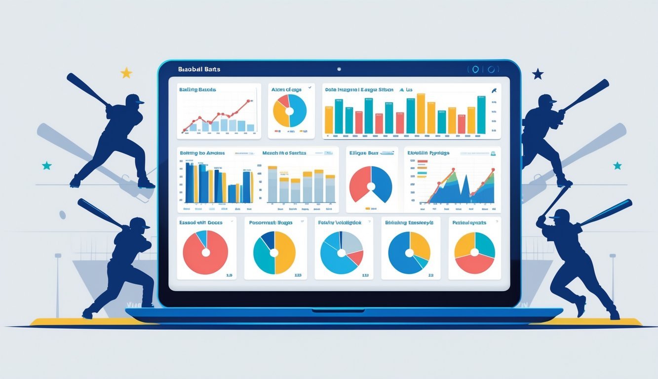 A digital dashboard showing various baseball statistics with charts and graphs alongside silhouettes of baseball players in action.