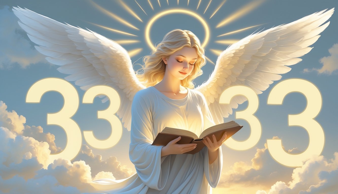 An angel with glowing wings holds an open book surrounded by four glowing number 3s in a calm sky with soft clouds and golden light.