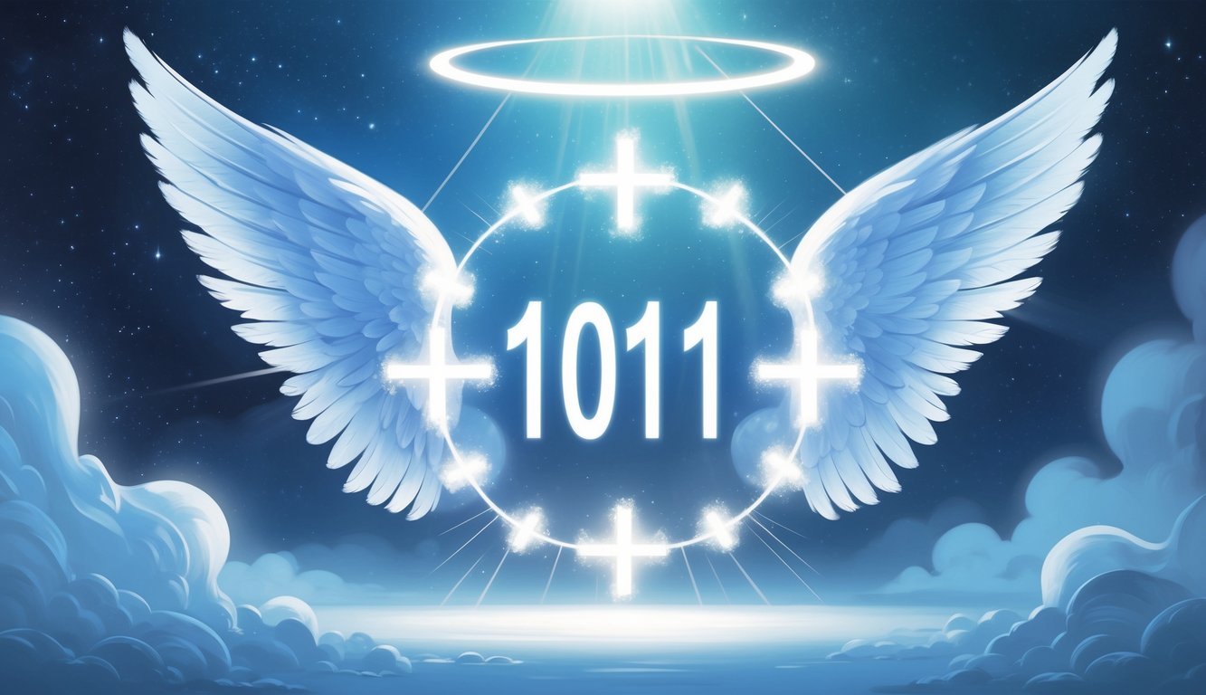 A glowing celestial scene with angelic symbols and soft light forming the numbers 1011, surrounded by translucent wings and rays of light.