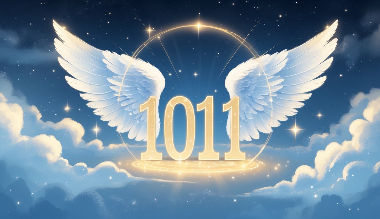 A glowing number 1011 with angel wings surrounded by stars and soft light in a calm night sky.
