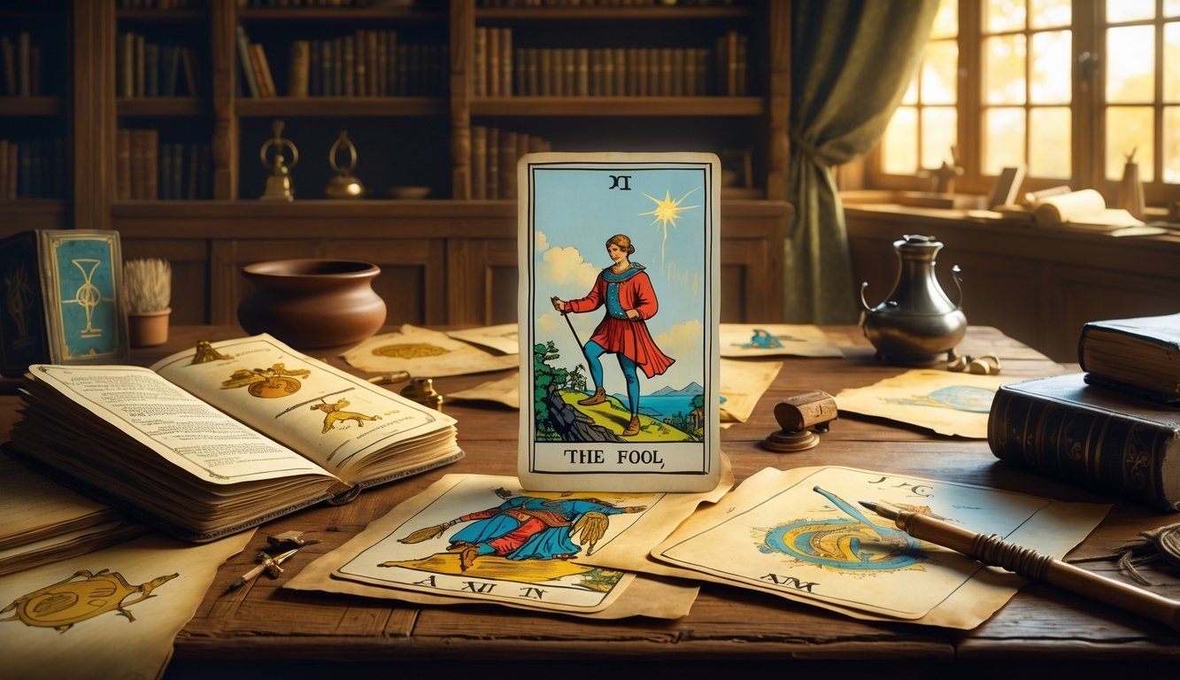 A vintage study room with a wooden table displaying an early Rider Waite tarot card, old parchments, sketches, and mystical objects, evoking the origins of the tarot deck.