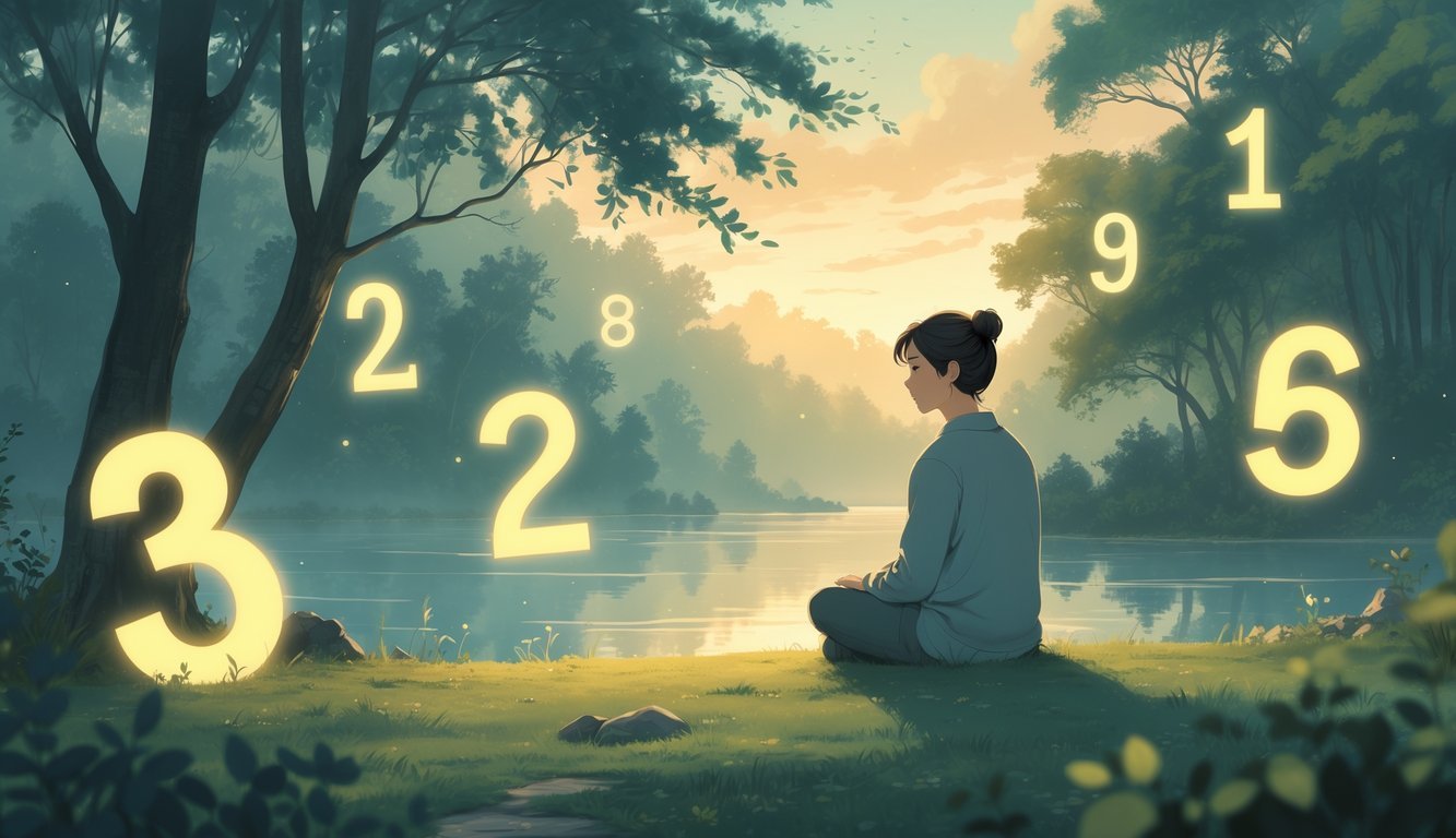 A person sitting alone peacefully in a quiet natural setting surrounded by softly glowing numbers floating in the air.