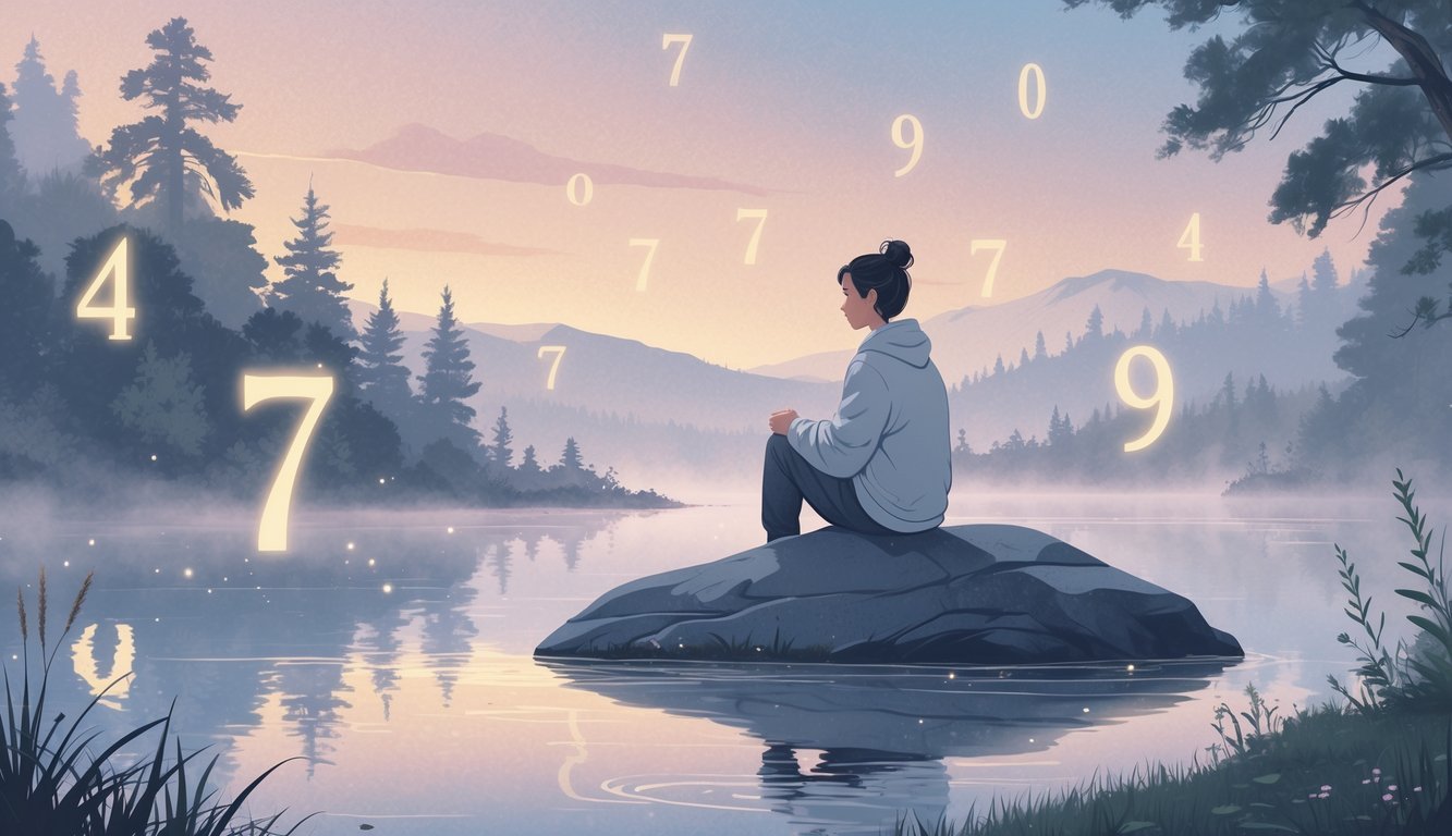 A person sitting alone on a rock by a calm lake at dawn, surrounded by floating glowing numbers and peaceful nature.