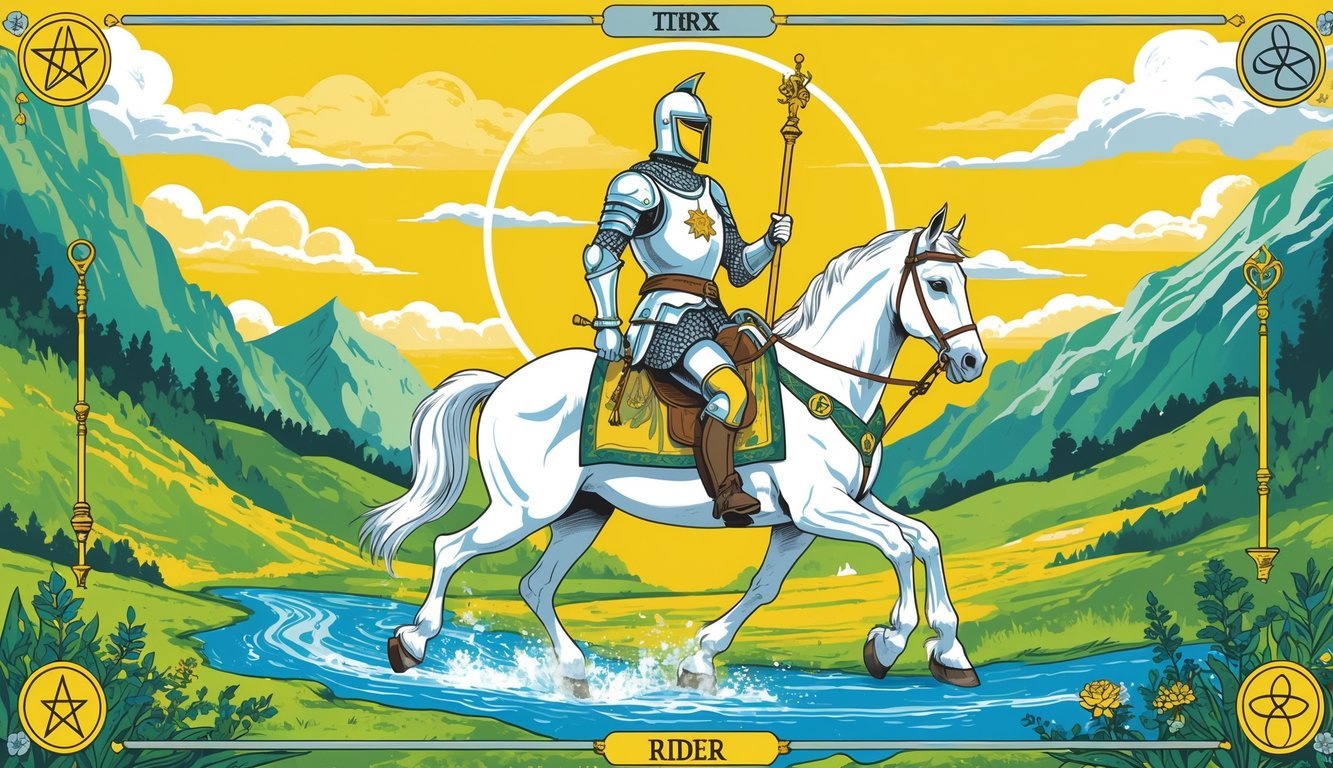 A knight in shining armor rides a white horse through a green landscape with mountains and a bright sky, holding a golden wand upright.