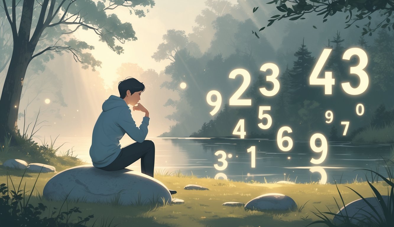 A person sitting alone on a large stone in a peaceful natural setting surrounded by softly glowing floating numbers, reflecting solitude and introspection.