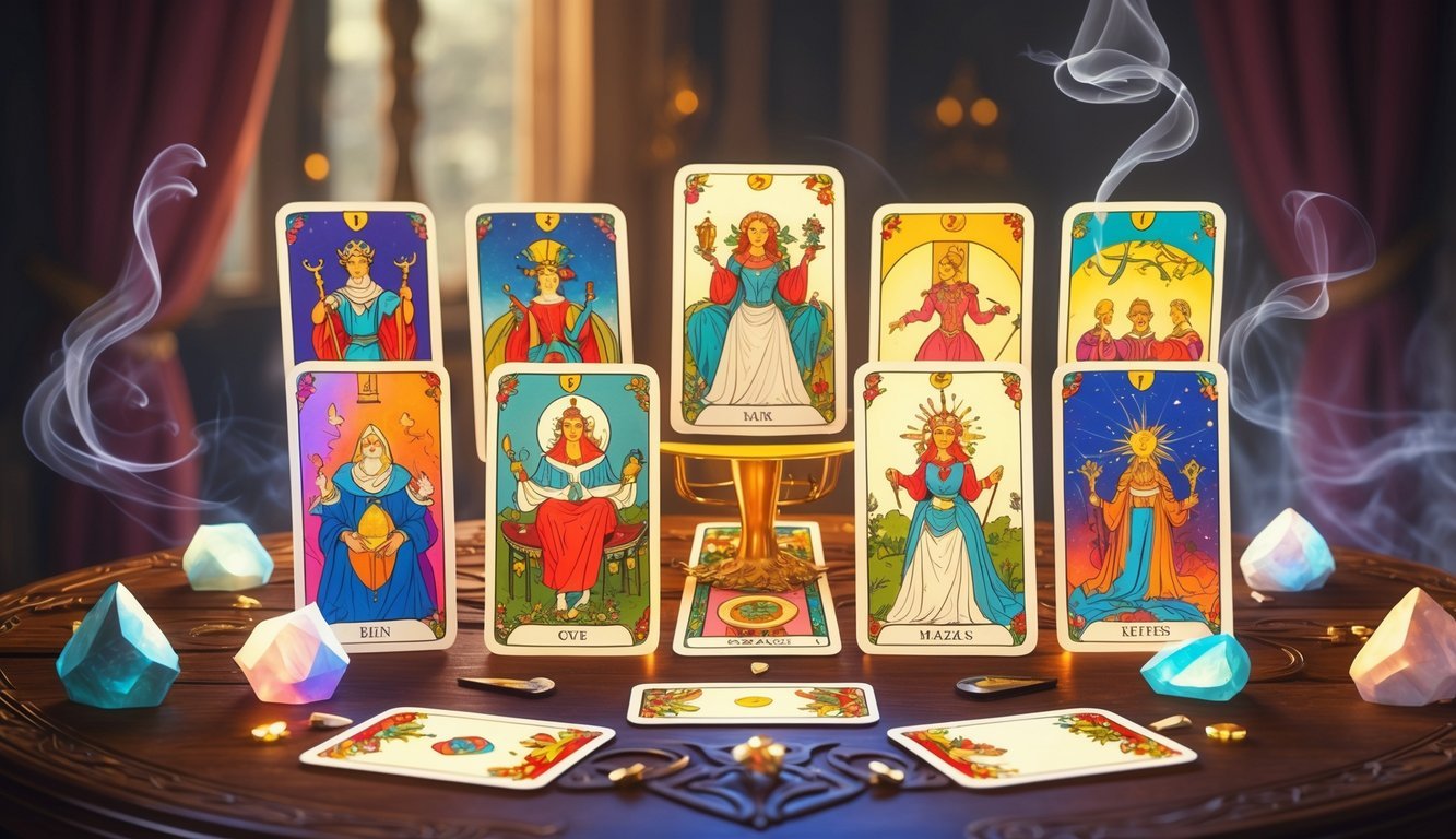 A set of Rider Waite tarot cards arranged on a wooden table with crystals and incense smoke around them.