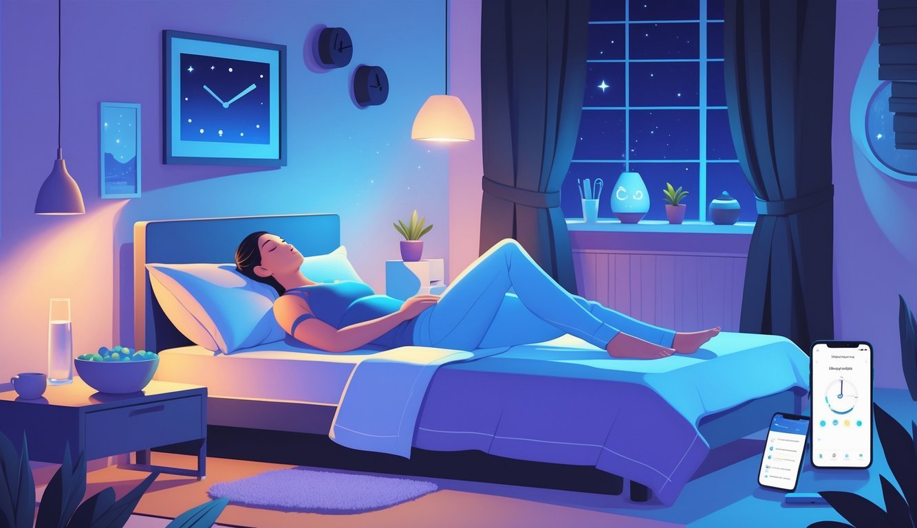 A peaceful bedroom scene at night showing a person resting in bed surrounded by items representing healthy sleep and muscle recovery habits.