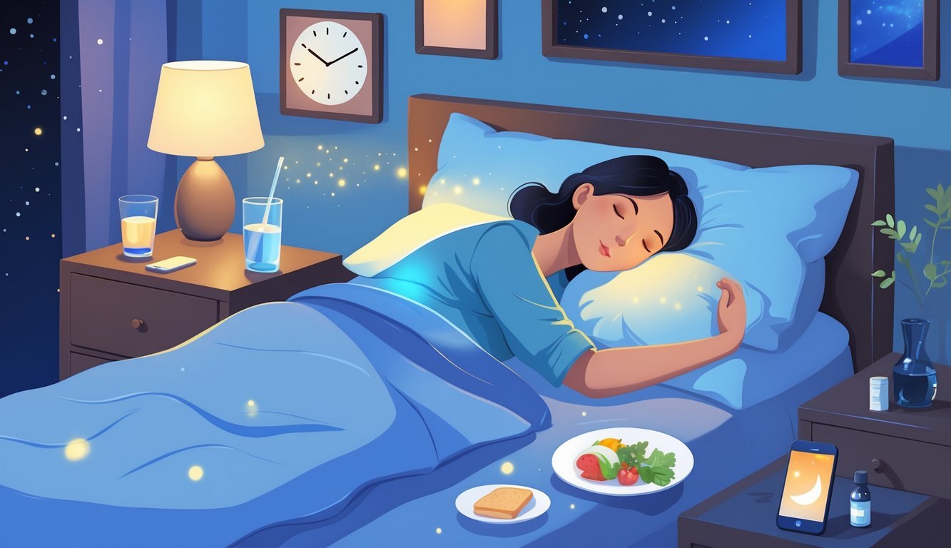 A person sleeping peacefully in a bedroom at night surrounded by symbols of healthy sleep habits and muscle recovery, including water, soft light, a clock, yoga mat, healthy snack, essential oils, and a face-down smartphone.