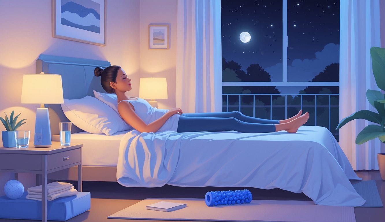 A person gently stretching on a mat beside a softly lit bed with nighttime items like a glass of water, diffuser, and massage tools arranged nearby.