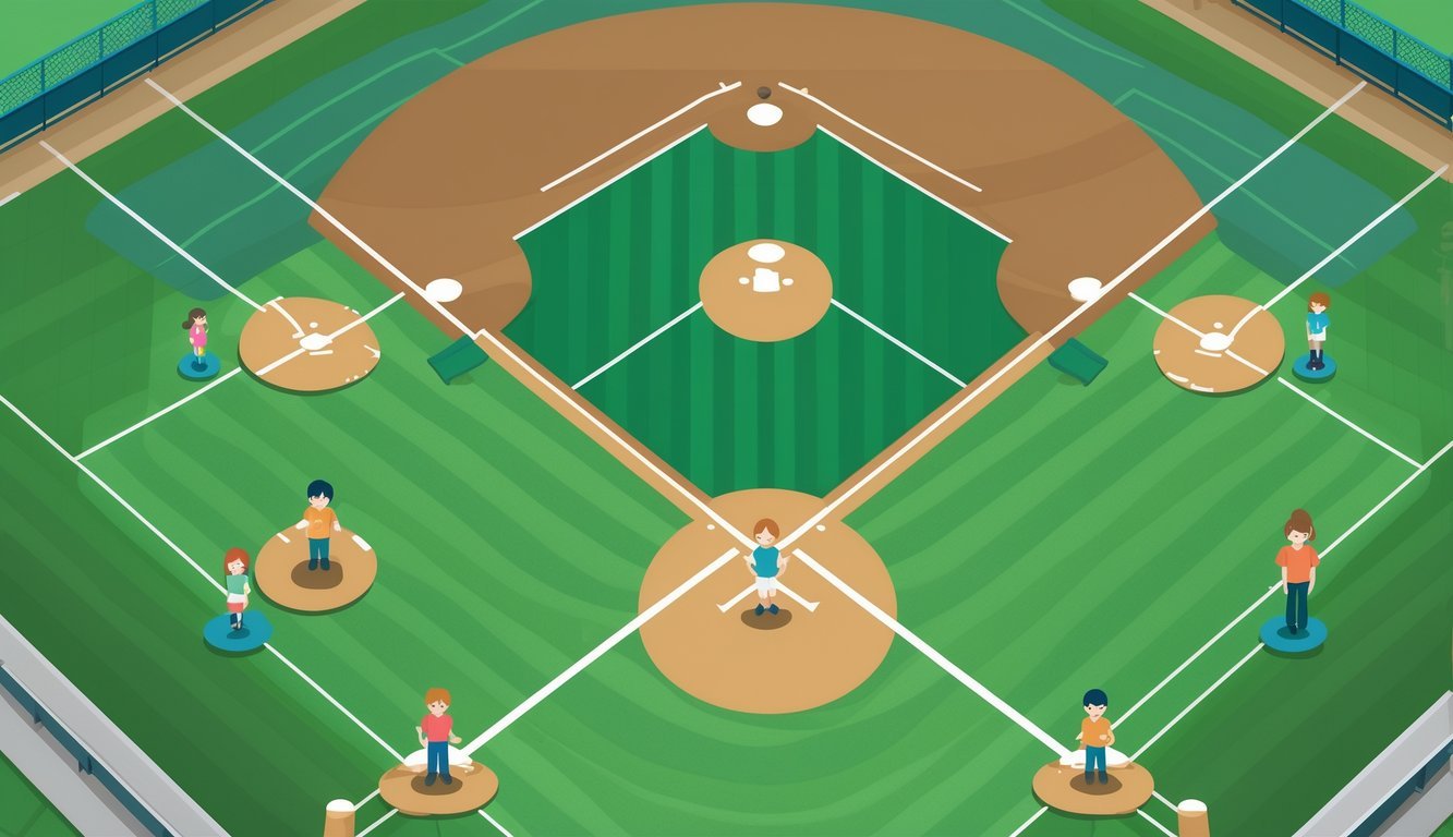 An overhead view of a baseball field showing multiple pitching mounds at different distances from home plate, each representing different age groups.