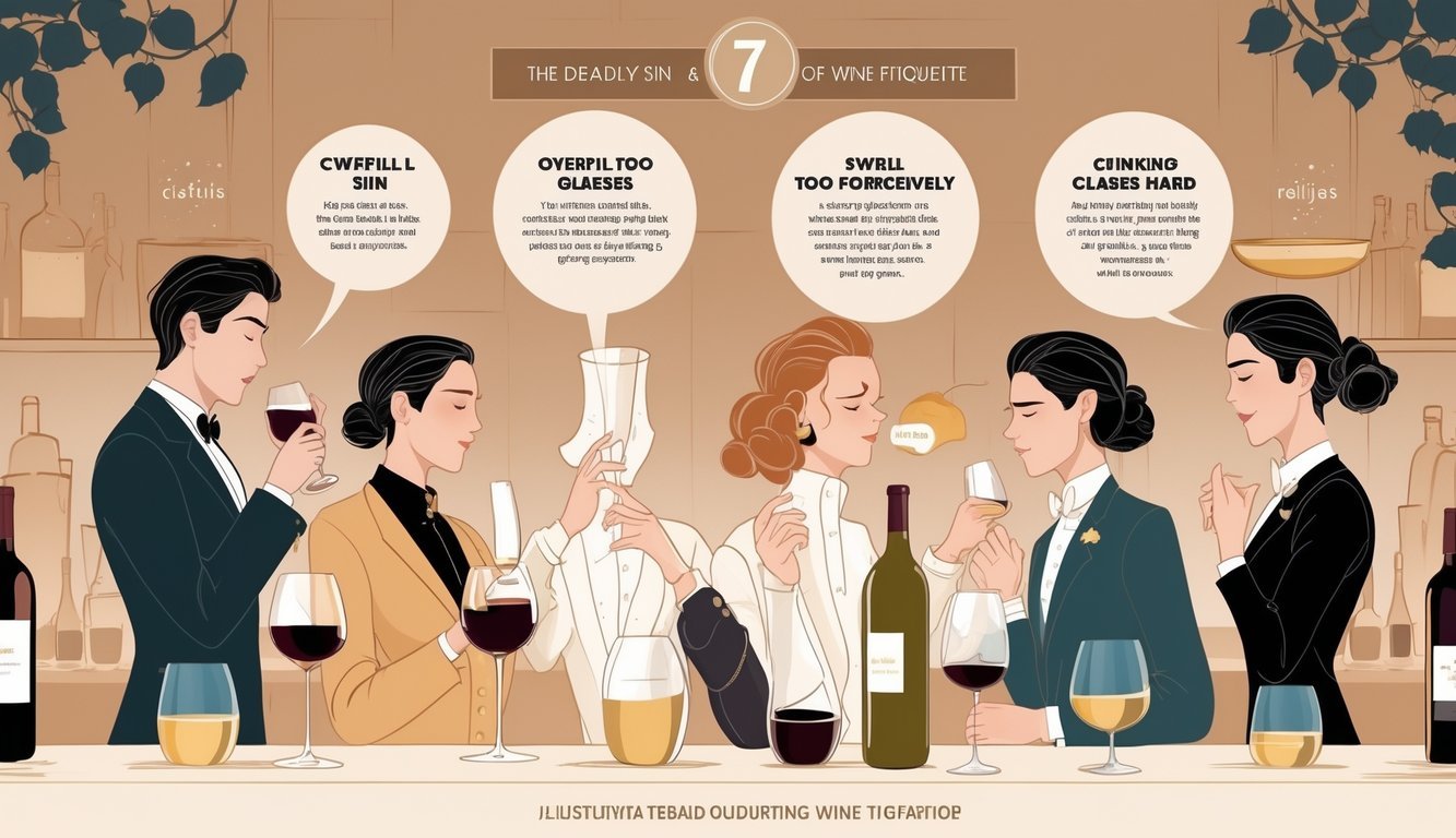 Seven people in a refined wine tasting setting each demonstrating a different common mistake in wine etiquette, with subtle visual hints showing the correct way to behave.