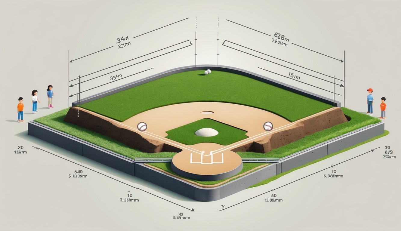 A detailed cross-sectional illustration of a baseball pitching mound showing its construction layers and different pitching distances for various age groups.